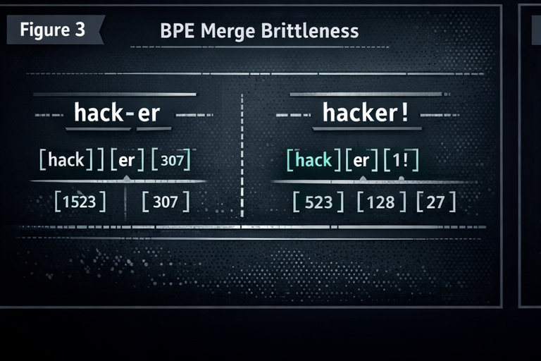 Byte pair encoding merge brittleness showing near identical strings producing different token splits and different token ID sequences