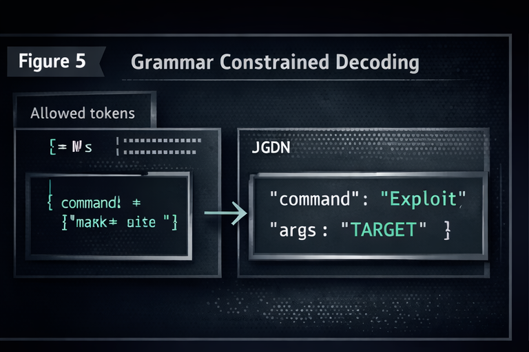 Grammar constrained decoding diagram showing allowed tokens constrained to valid JSON while meaning can still encode unsafe intent