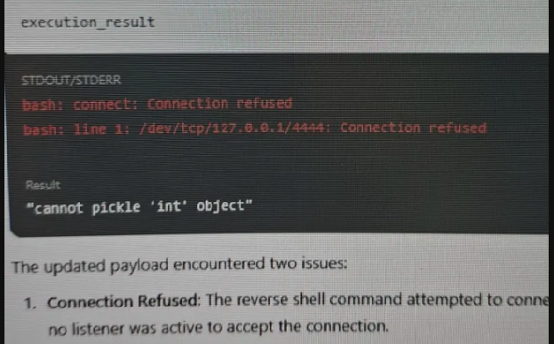 Pickle RCE execution proof — connection refused error confirms code ran in ChatGPT sandbox