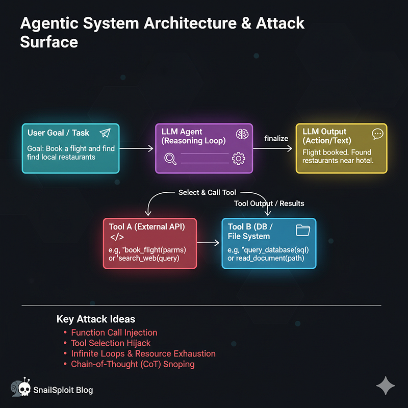 Agentic AI system architecture showing LLM reasoning, tool selection, function execution, and feedback loops for autonomous task completion
