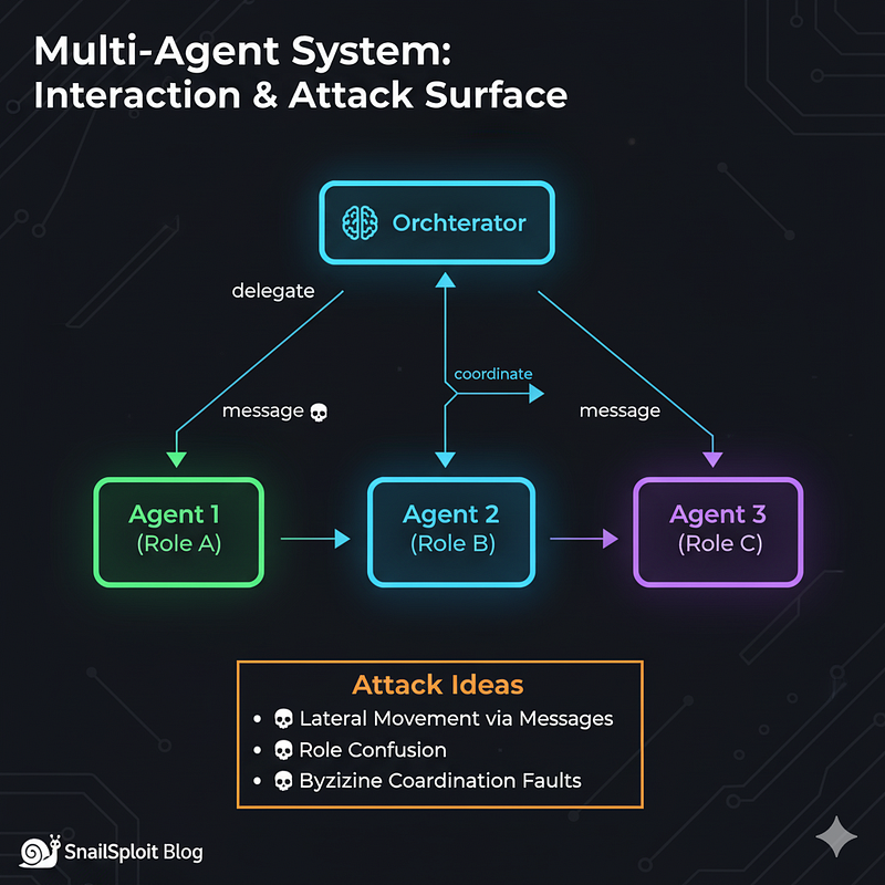Multi-agent AI system showing specialized agents with different roles communicating through orchestration layer with attack surface highlighted at inter-agent boundaries