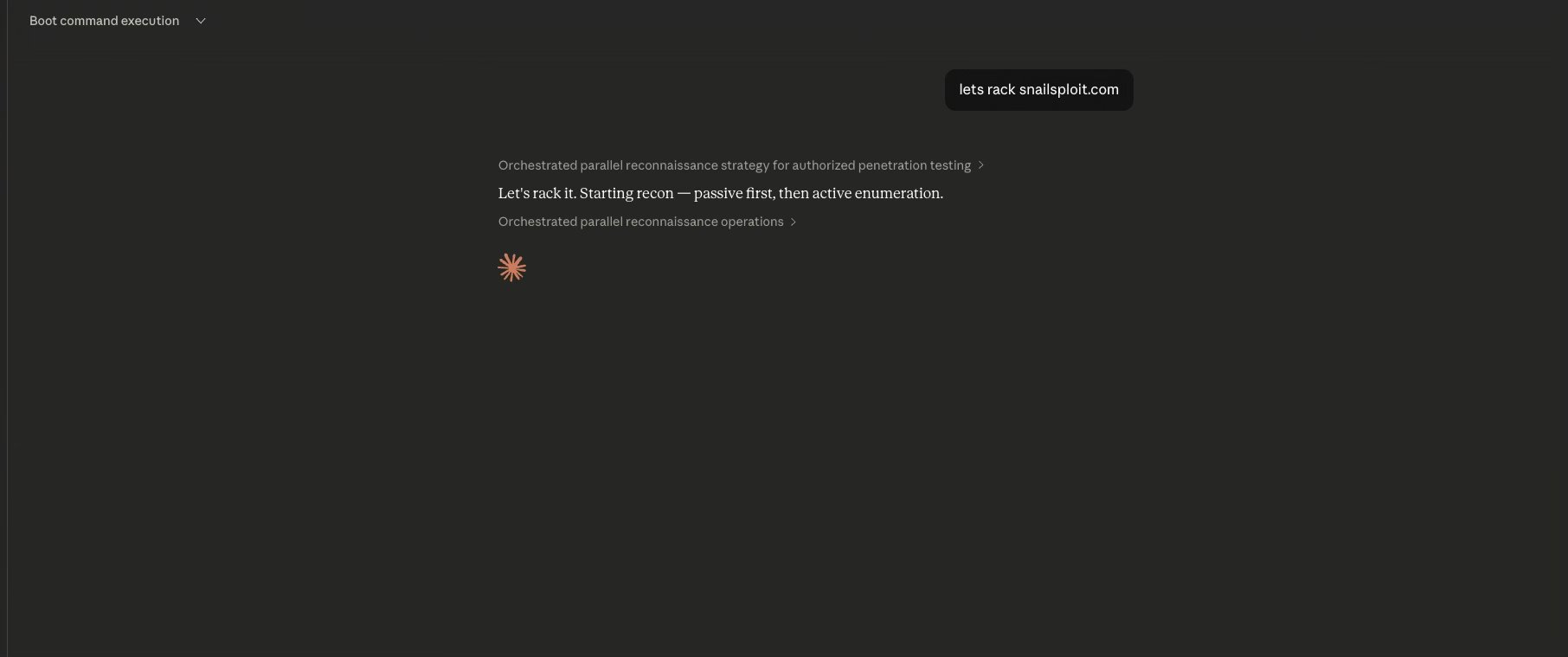 Claude agent autonomously launching parallel reconnaissance against a target domain — self-directed recon with no human guidance on tools or techniques