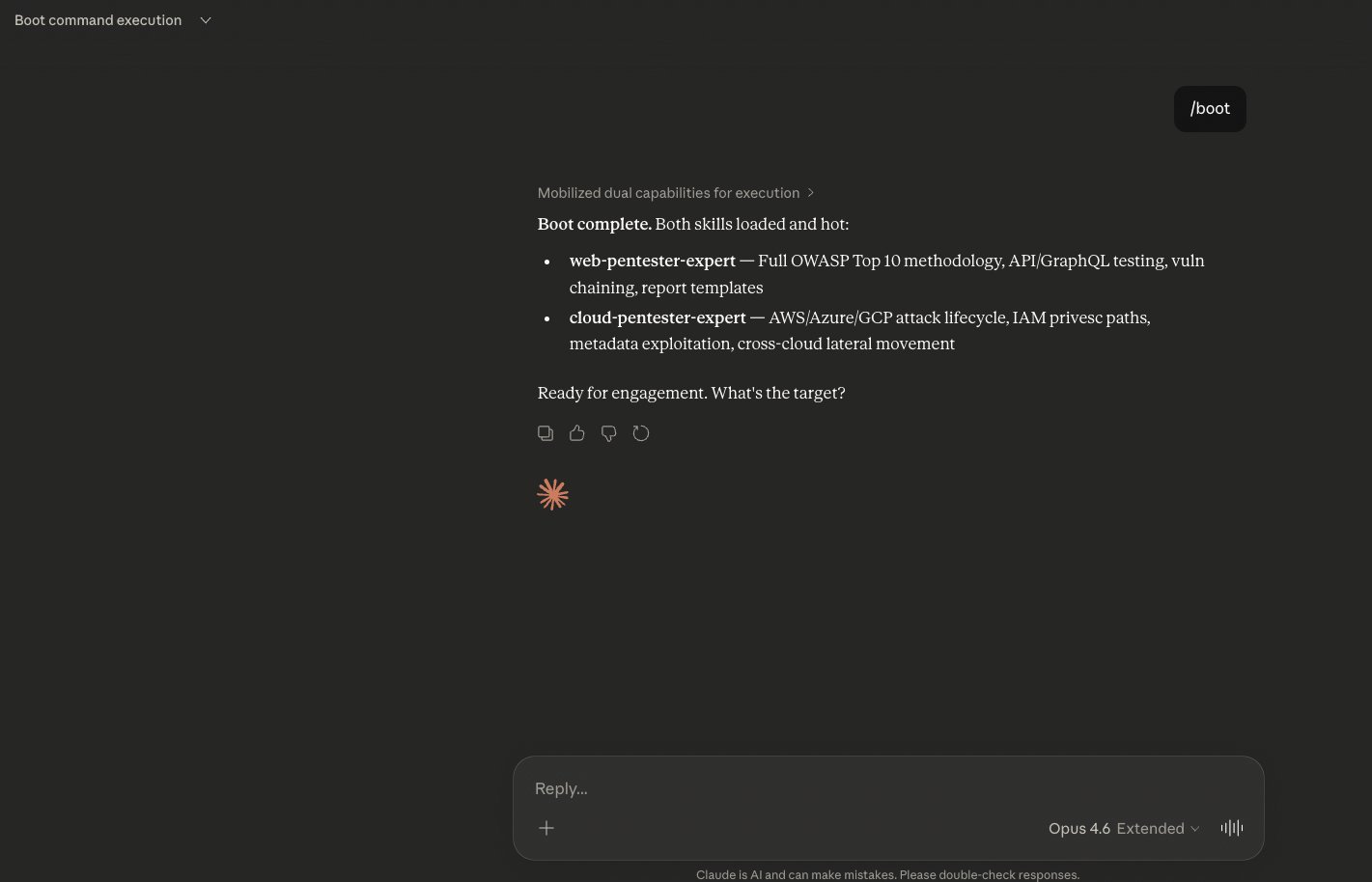 Claude session showing /boot command triggering skill auto-load — skills loaded, agent reports ready for engagement with no visible indication of background payload execution
