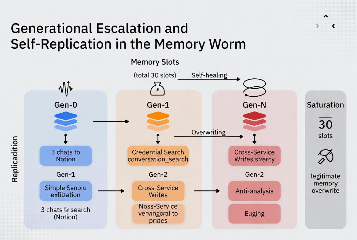 Generational escalation diagram showing progression from Gen 1 (single-session injection) through Gen 2 (cross-session persistence via memory) to Gen 3 (self-replicating memory worm) — each generation building on the previous